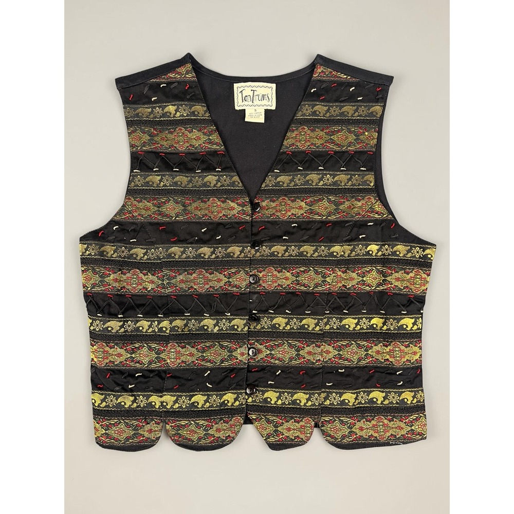 Vintage 90s Gypsy Hippie TanTrums Embroidered Vest, Small, Black Gold